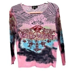 90s Pink Crewneck Top Women's Size Large Chiffon Sleeves Maximalist Cotton Y2K